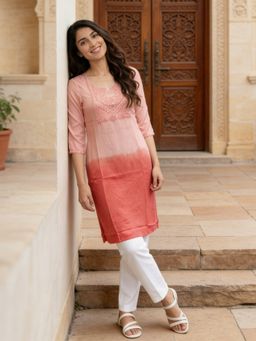 Rangita - Women Pink Rayon Embroidered Straight Calf Length Kurta