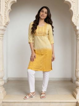 Rangita - Women Mustard Rayon Embroidered Straight Calf Length Kurta
