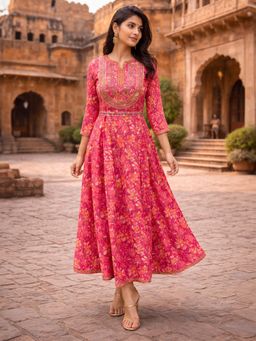 Rangita - Women Pink Rayon Embroidered Flared Calf Length Dress