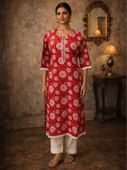 Rangita - Women Red Cotton Embroidered Straight Knee Length Kurta