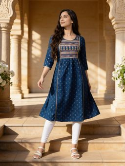 Rangita - Women Blue Rayon Embroidered A-Line Calf Length Kurta