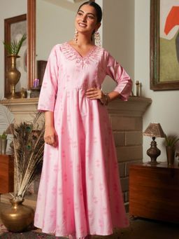 ARAMYA - Pink Chanderi Anarkali Ikat Print Kurta