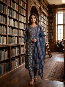 SALWAR STUDIO - Navy Blue Cotton printed Unstitched Kurta with Pant and Dupatta