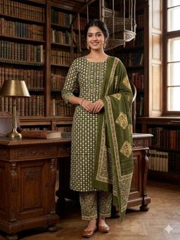 SALWAR STUDIO - Olive Cotton printed Unstitched Kurta with Pant and Dupatta