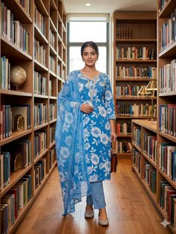 SALWAR STUDIO - Sky Blue Cotton printed Unstitched Kurta with Pant and Dupatta