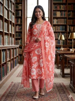 SALWAR STUDIO - Orange Cotton printed Unstitched Kurta with Pant and Dupatta