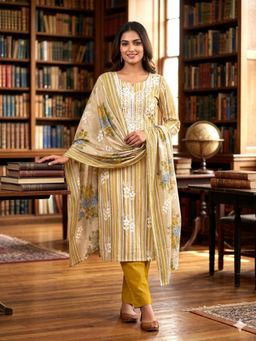 SALWAR STUDIO - Mustard Cotton Embroidered Unstitched Kurta with Pant and Dupatta