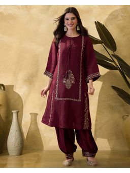 KVS FAB - Maroon Silk Blend Embroidered Kurta and Salwar
