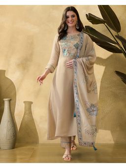 KVS FAB - Beige Silk Blend Embroidered Kurta and Pant with Dupatta