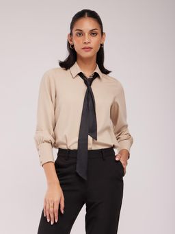 FableStreet - Contrast Tie-Up Beige Shirt