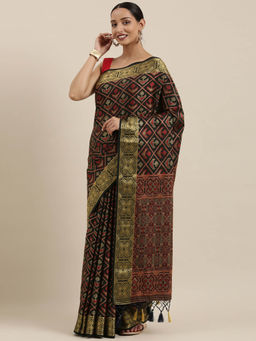 Mimosa - Patola Style Art Silk Saree Black With Unstitched Blouse