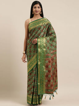 Mimosa - Patola Style Art Silk Saree Green With Unstitched Blouse