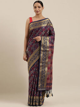 Mimosa - Patola Style Art Silk Saree Navy Blue With Unstitched Blouse