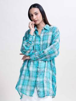 Freedom Tree - Trellis Turquoise Digitally Printed Floral Pure Cotton L Easy Shirt