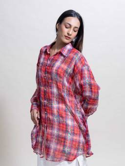Freedom Tree - Trellis Red Digitally Printed Floral Pure Cotton L Easy Shirt