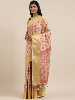 Mimosa - Patola Style Art Silk Saree Beige With Unstitched Blouse