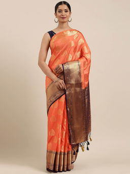 Mimosa - Kanchipuram Style Art Silk Saree Orange With Unstitched Blouse
