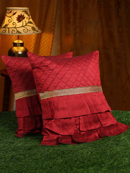HOSTA HOMES - Set of 2 Maroon & Gold-Toned Embellished Satin Square Cushion Covers 16x16 inches