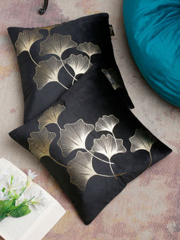 HOSTA HOMES - Black & Silver Set of 2 Ethnic Motifs Velvet Square Cushion Covers 16x16 inches