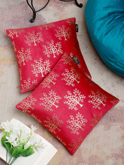 HOSTA HOMES - Maroon & Gold Set of 2 Ethnic Motifs Velvet Square Cushion Covers 16x16 inches