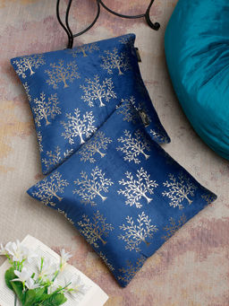 HOSTA HOMES - Navy Blue & Gold Set of 2 Ethnic Motifs Velvet Square Cushion Covers 16x16 inches