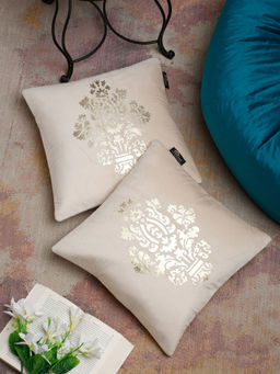 HOSTA HOMES - Cream & Gold Set of 2 Ethnic Motifs Velvet Square Cushion Covers 16x16 inches