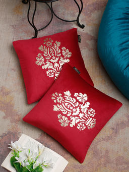HOSTA HOMES - Maroon & Gold Set of 2 Printed Velvet Square Cushion Covers 16x16 inches