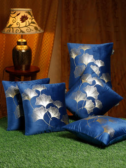HOSTA HOMES - Navy Blue & Gold Set of 5 Floral Velvet Square Cushion Covers 16x16 inches