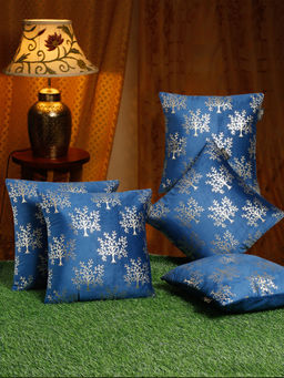 HOSTA HOMES - Navy Blue & Silver Set of 5 Embroidered Velvet Square Cushion Covers 16x16 inches