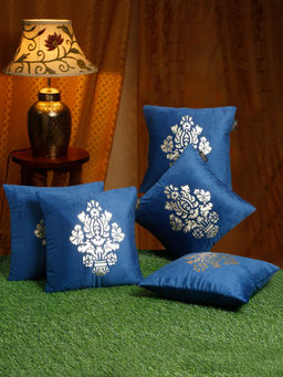 HOSTA HOMES - Navy Blue & Gold-Toned Set of 5 Ethnic Motifs Velvet Square Cushion Covers 16x16 inches
