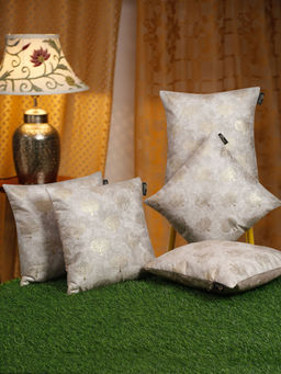 HOSTA HOMES - Cream & Gold-Toned 5 Pieces Ethnic Motifs Velvet Square Cushion Covers 16x16 inches