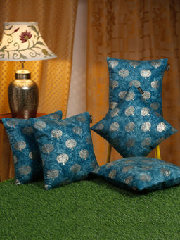 HOSTA HOMES - Teal & Gold-Toned 5 Pieces Ethnic Motifs Velvet Square Cushion Covers 16x16 inches