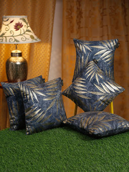 HOSTA HOMES - Blue & Gold-Toned 5 Pieces Floral Velvet Square Cushion Covers 16x16 inches