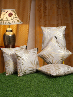 HOSTA HOMES - Cream-Coloured & Gold-Toned 5 Pieces Floral Velvet Square Cushion Covers 16x16 inches