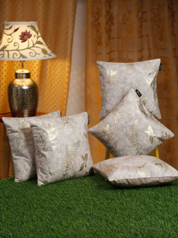 HOSTA HOMES - Cream-Coloured 5 Pieces Floral Velvet Square Cushion Covers 16x16 inches