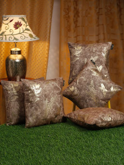 HOSTA HOMES - Brown 5 Pieces Floral Velvet Square Cushion Covers 16x16 inches