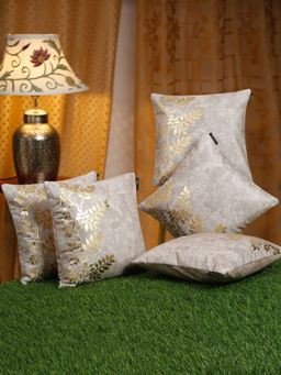 HOSTA HOMES - Cream-Coloured & Gold-Toned 5 Pieces Floral Velvet Square Cushion Covers 16x16 inches