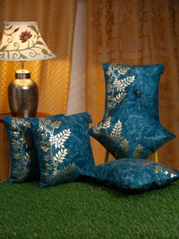 HOSTA HOMES - Teal & Gold-Toned 5 Pieces Floral Velvet Square Cushion Covers 16x16 inches