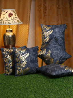 HOSTA HOMES - Blue & Gold-Toned 5 Pieces Floral Velvet Square Cushion Covers 16x16 inches