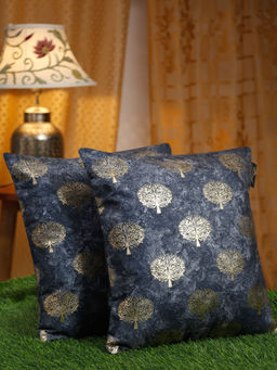 HOSTA HOMES - Blue & Gold-Toned 2 Pieces Ethnic Motifs Velvet Square Cushion Covers 16x16 inches