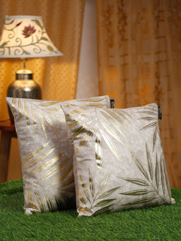 HOSTA HOMES - Cream-Coloured & Gold-Toned 2 Pieces Floral Velvet Square Cushion Covers 16x16 inches