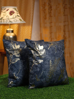 HOSTA HOMES - Blue & Gold-Toned 2 Pieces Floral Velvet Square Cushion Covers 16x16 inches