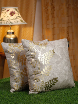 HOSTA HOMES - Cream & Gold-Toned 2 Pieces Ethnic Motifs Velvet Square Cushion Covers 16x16 inches