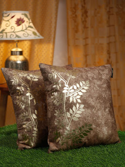 HOSTA HOMES - Brown & Gold-Toned 2 Pieces Ethnic Motifs Velvet Square Cushion Covers 16x16 inches