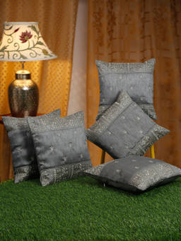 HOSTA HOMES - Grey & Gold-Toned 5 Pieces Embroidered Square Cushion Covers 16x16 inches