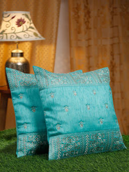 HOSTA HOMES - Turquoise & Silver-Toned 2 Pieces Embroidered Square Cushion Covers 16x16 inches