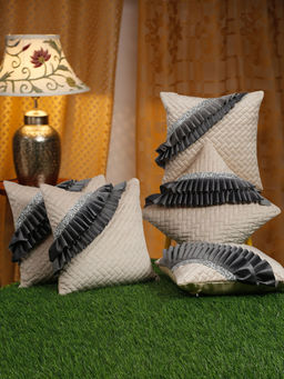 HOSTA HOMES - Off White & Grey 5 Pieces Geometric & Embellished Square Cushion Covers 16x16 inches