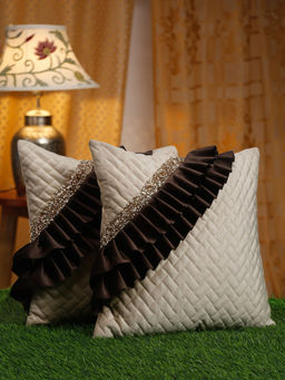 HOSTA HOMES - Off White & Brown 2 Pieces Geometric & Embellished Square Cushion Covers 16x16 inches