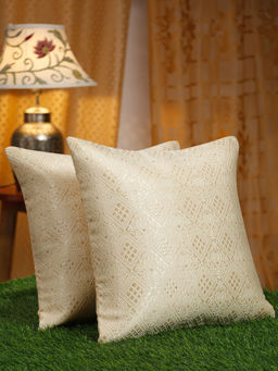 HOSTA HOMES - Cream-Coloured & Gold-Toned 2 Pieces Embroidered Square Cushion Covers 16x16 inches