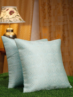 HOSTA HOMES - Turquoise 2 Pieces Ethnic Embroidered Square Cushion Covers 16x16 inches